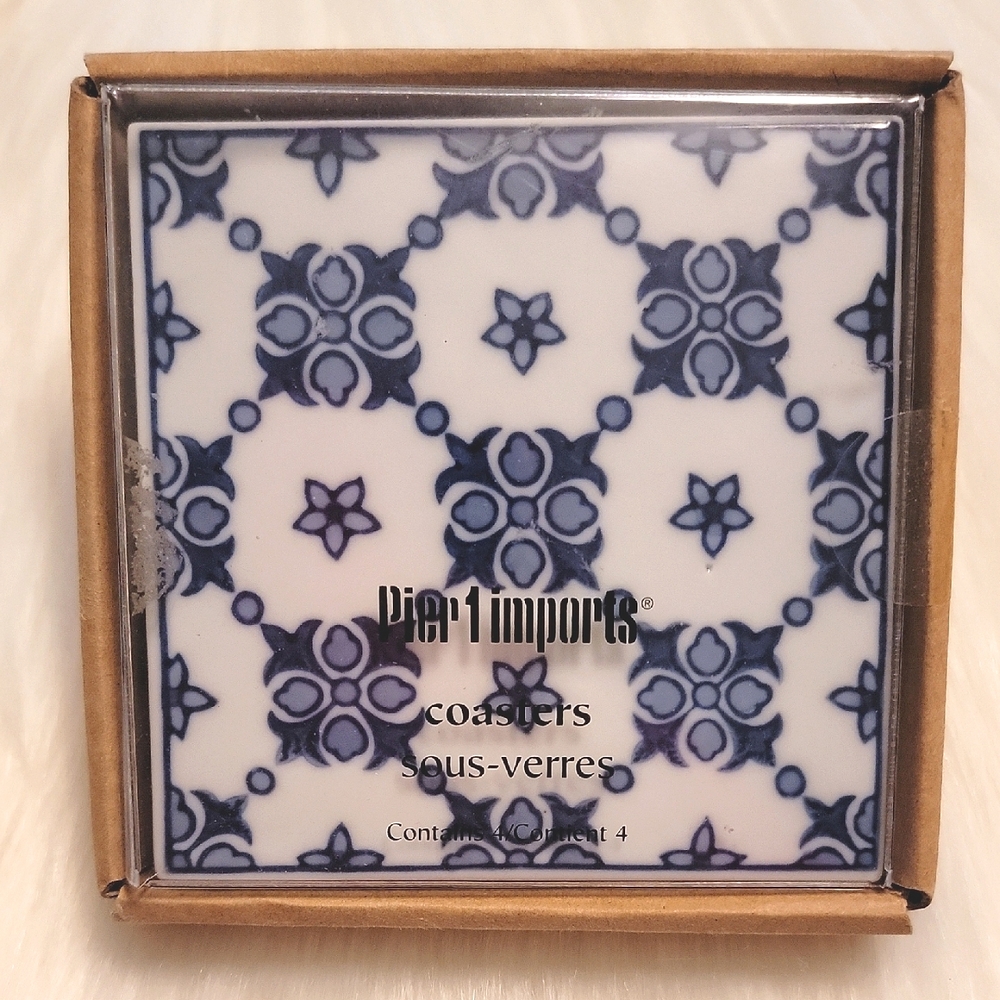 NWT Pier 1 Imports Set Of 4 Blue & White Porcelain Coasters